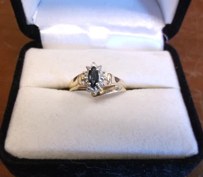 Vintage 14k Yellow Gold Marquise Blue Sapphire Round Diamond Halo Ring ~ sz 5.75 - Image 1 of 4