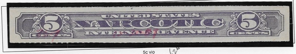 US Scott RJA62b, Revenue, 1919 Narcotic Tax, 5 Cent, Violet, Rouletted 7 , F/VF - Image 1 of 1