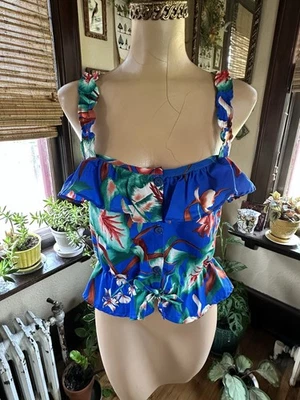 复古 70 年代热带/夏威夷女士短纽扣背心,尺寸 Lg — 第 1/4 张图片