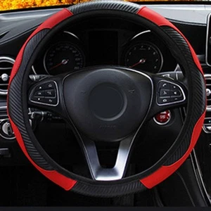 Steering Wheel Cover Accessory Black & Red Carbon Fiber Leather New Parts - Picture 1 of 10