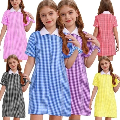 Niñas Vestido Corto Cuello Patinador Túnica Causal Uniforme Escolar Verano Fiesta Vestido Foto 1 de 4