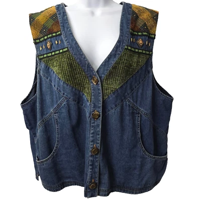 Vintage Western Plaid Denim Vest 18 18W Plus Beaded POCKETS Prairie Boho Country - Image 1 of 4