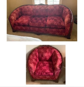 1947 Davenport Sofa and Chair, Hand Carved Mahogany Trim, Upholstered circa: - Picture 1 of 12