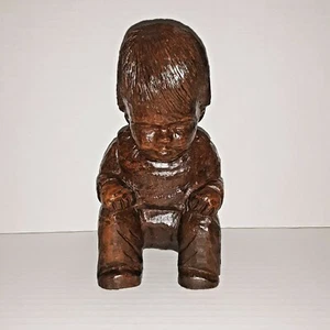 Wood Carved Figurine Boy Squatting - Picture 1 of 8