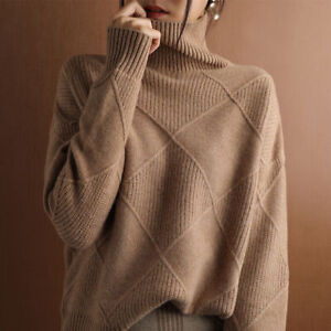 Womens Knitted Pullover Loose Jumper Tops Winter Warm High Collar Blouse Sweater