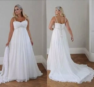 Plus Size Chiffon Wedding Dresses Crystal Spaghetti Straps Beach Bridal Gown - Picture 1 of 8