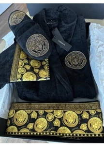 New Authentic Versace Bath Robe Mens Medium Black Baroque Gold Medusa Robe. - Picture 1 of 2