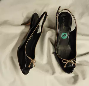 Cole Haan - Black Patent Leather Sling Back Heels - Tan Bow - 8B - EUC - Picture 1 of 5