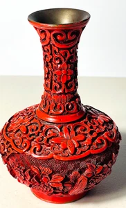 Chinese Cinnabar Vase Deep Carved 3D Floral Red Brass - 5 1/4" tall - Picture 1 of 4