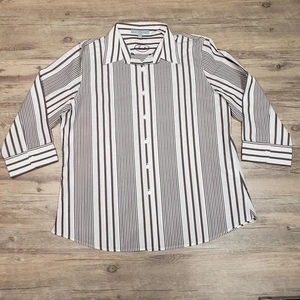 Foxcroft Shirt Womens 14 Brown White Striped Non-Iron Shaped Fit Button Down - Picture 1 of 7