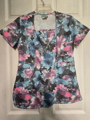 Grey's Anatomy Scrub Top size S-VIBRANT Tie-Dye-ish Floral V-Neck-Chest 20"/L26" - Image 1 of 4