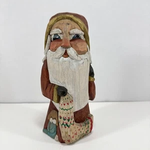 Figura de Papá Noel tallada en madera Helen Sloan 1995 arte popular Navidad perro rústico - Imagen 1 de 7