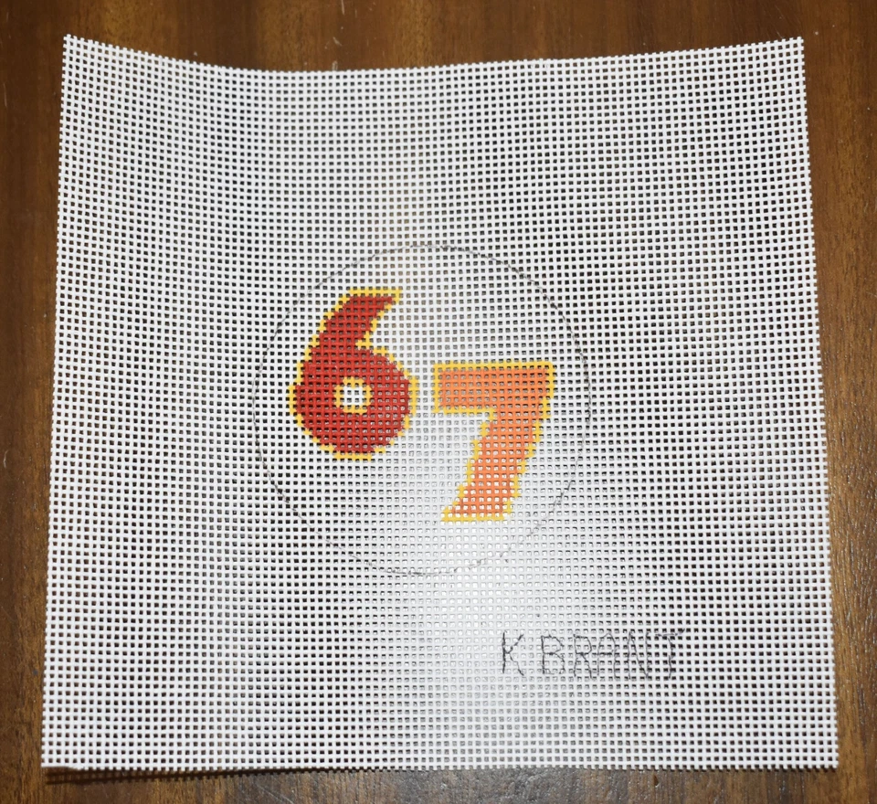 hand painted needlepoint canvas "6  7" round #14 slang 3" six seven - Image 1 of 1
