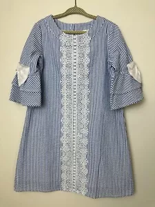 Rare Editions Girls Tent Dress Searsucker Blue White Stripe Bell Sleeves Bows 5 - Picture 1 of 12