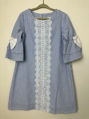 Rare Editions Girls Tent Dress Searsucker Blue White Stripe Bell Sleeves Bows 5 - Image 1 of 4