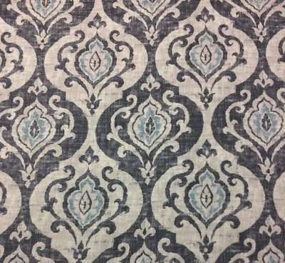 BALLARD DESIGNS ARRYANNA SLATE MINERAL BLUE CREAM DAMASK FABRIC BY THE YARD 54"W - Image 1 of 4