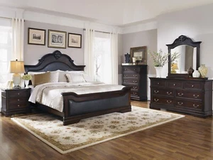 NEW Traditional Dark Cherry Brown 5pcs Bedroom Set w/ Queen King Panel Bed IA7I - Picture 1 of 5