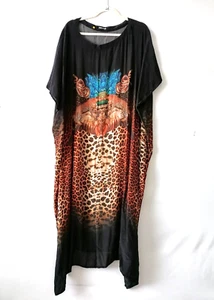 Priestess Womens Black Round Neck Leopard Print Long kaftan Dress One Size - Picture 1 of 7