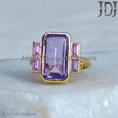 Anillo de oro amarillo sólido de 14K amatista natural zafiro rosa piedras preciosas anillo hecho a mano Foto 1 de 4