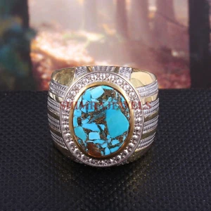 Künstlicher Kupfer Türkis Mit 18K Vergoldet Silber Ring für Herren #51 - Bild 1 von 3