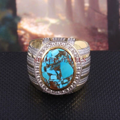 Künstlicher Kupfer Türkis Mit 18K Vergoldet Silber Ring für Herren #51 - Bild 1 von 3