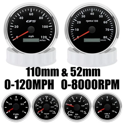 110mm GPS Speedometer 0-120MPH&Tacho 0-8000RPM&52MM Fuel/Oil/Temp/Volt for Boat - Image 1 of 4