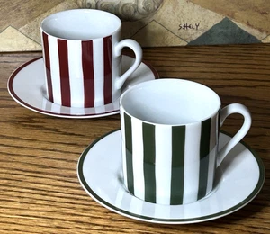 4 Pc Set 2 Espresso Cups & 2 Saucers Williams Sonoma JAPAN Red & Green Stripes - Picture 1 of 14