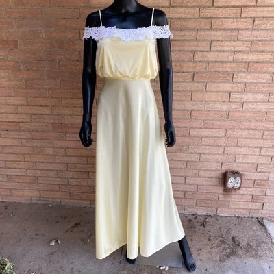 Vestido largo amarillo pastel años 70 80 hombro descubierto encaje correa espagueti vestido de sol talla S Foto 1 de 4