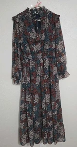 Wonderly Maxi Dress Blue Multicolor Pen Floral Long Sleeve Boho Small  - Picture 1 of 13