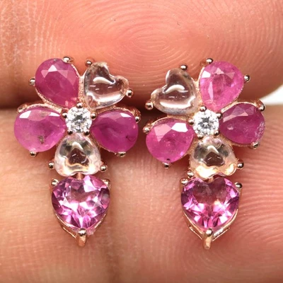 Plata de ley 925 5 x 5 mm. Pendientes de joyería de rubí rosa, topacio y circón Foto 1 de 4