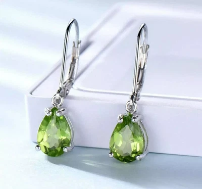 4Ct Pear Cut Green Peridot Diamond Drop/Dangle Earrings 14K White Gold Finish - Image 1 of 4