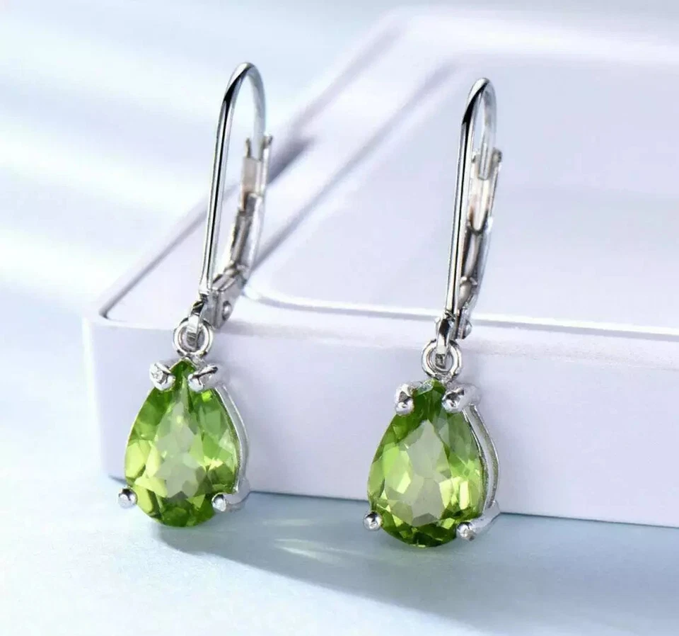 4Ct Pear Cut Green Peridot Diamond Drop/Dangle Earrings 14K White Gold Finish - Image 1 of 4