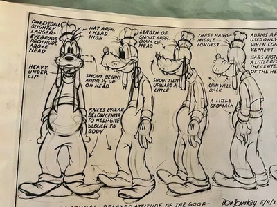 Hoja modelo Photostat Disney Goofy tamaños comparativos Don Towsley 8/4/37 de pie Foto 1 de 4