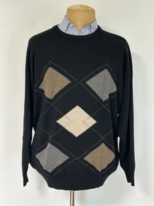 PRINGLE OF SCOTLAND Black Lambswool Argyle Sweater Vintage Sz XL Mens - Picture 1 of 6