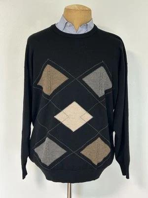 PRINGLE OF SCOTLAND Black Lambswool Argyle Sweater Vintage Sz XL Mens - Image 1 of 4