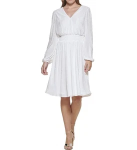 Kensie Women's White V-Neck Long Sleeves A-Line Dress Sz#12 Mini Pleated Knit - Picture 1 of 10