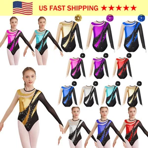 Kids Girls Long Sleeve Gymnastic Leotard One Piece Bodysuit with Hair Scrunchie - Picture 1 of 112