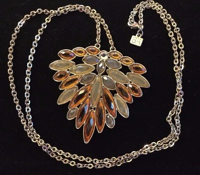 Banana Republic Necklace Pendant Leaf Green Orange Clear Rhinestones Long Chain - Image 1 of 4