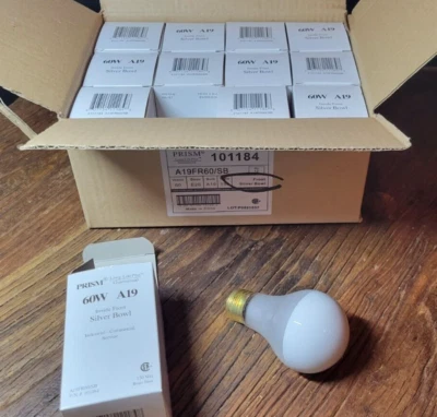 Vintage Box of 12 Prism Frost Silver Bowl 60 Watt Long Life Light Bulbs - Image 1 of 4