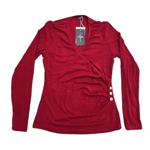 Flamingo Long Sleeve Top Womens Large Red V-Neck Button Ribbed Rouched Tiered M - Picture 1 of 7