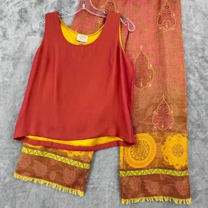 Zonda Nellis Pant Set Womens Medium Silk Lagenlook Fringe Boho Hippie Relaxed - Picture 1 of 21