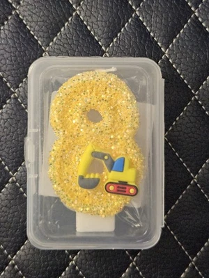 8th Birthday Glitter Candle for Cake, Number Candle, Construction & Excavator - Image 1 of 3