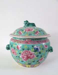 Vintage asiatische Chinoiserie Rose Famille Foo Hund Ingwer Glas rosa & blau - Bild 1 von 7
