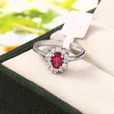NEW Sterling Silver Red Ruby CZ Halo Ring Women's Birthstone Anniversary Gift - Image 1 of 4