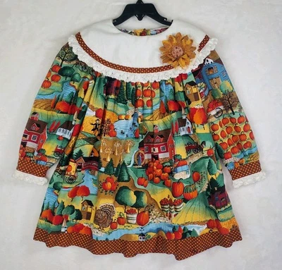Vtg 80s Thanksgiving Dress Fall Harvest Prairie Girls Sz 6 Smocked Pumpkins USA - Image 1 of 4