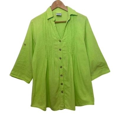 Blusa Top Vintage Dunas Verde Lima Concha Botones Camisa Larga Texturizada Abotonada Foto 1 de 4