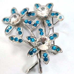 Vintage Floral Bouquet Brooch Blue and Clear Rhinestones Silver Tone 2" Pin Gift - Picture 1 of 9