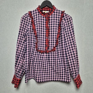 Boden Blouse Size 12 Plaid Red Pink Frill Button Down Smart Casual Cuff Sleeve - Picture 1 of 7
