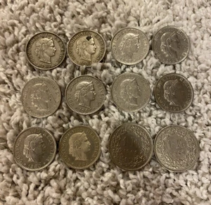 Coins Lot of 10 20 Swiss Rappen 1939-1983 & Lot of 2 Helvetia Switzerland 1FR - Picture 1 of 10