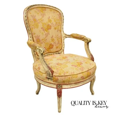 Vintage French Louis XV Style Cream and Red Painted Low Boudoir Fauteuil Chair - Image 1 of 4